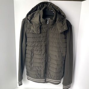 Zara Man Medium Green Quilted Zip-up Jacket with Removable Hoodie